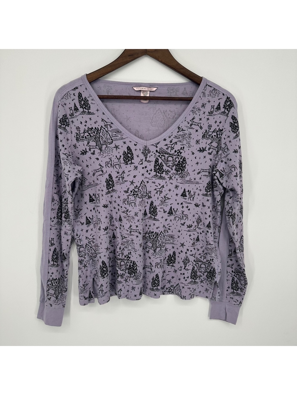 Victoria's Secret Scenic Woodland Deer Waffle Knit Thermal Top Lavender Small